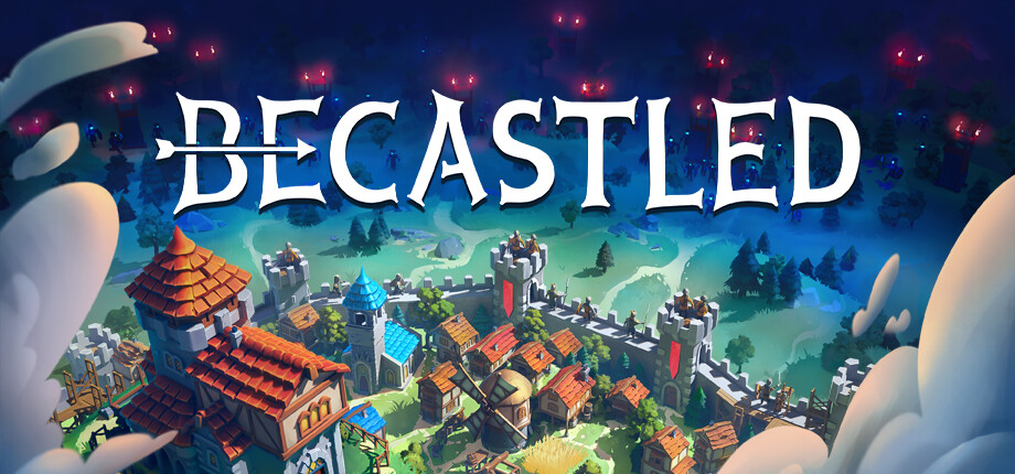 Becastled key art — the game logo over a walled town at night, watched by glowing eyes in the forest