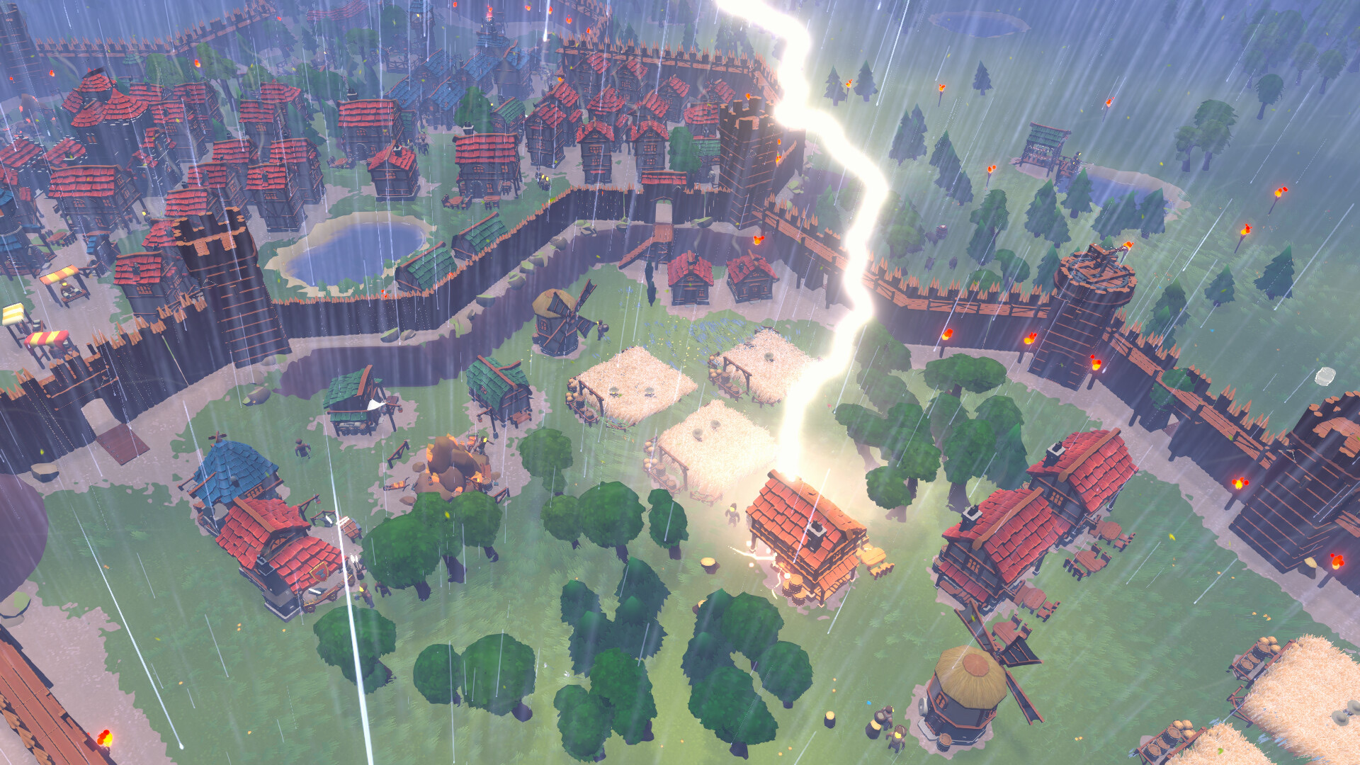 Becastled — a sprawling settlement beside a lake under a storm