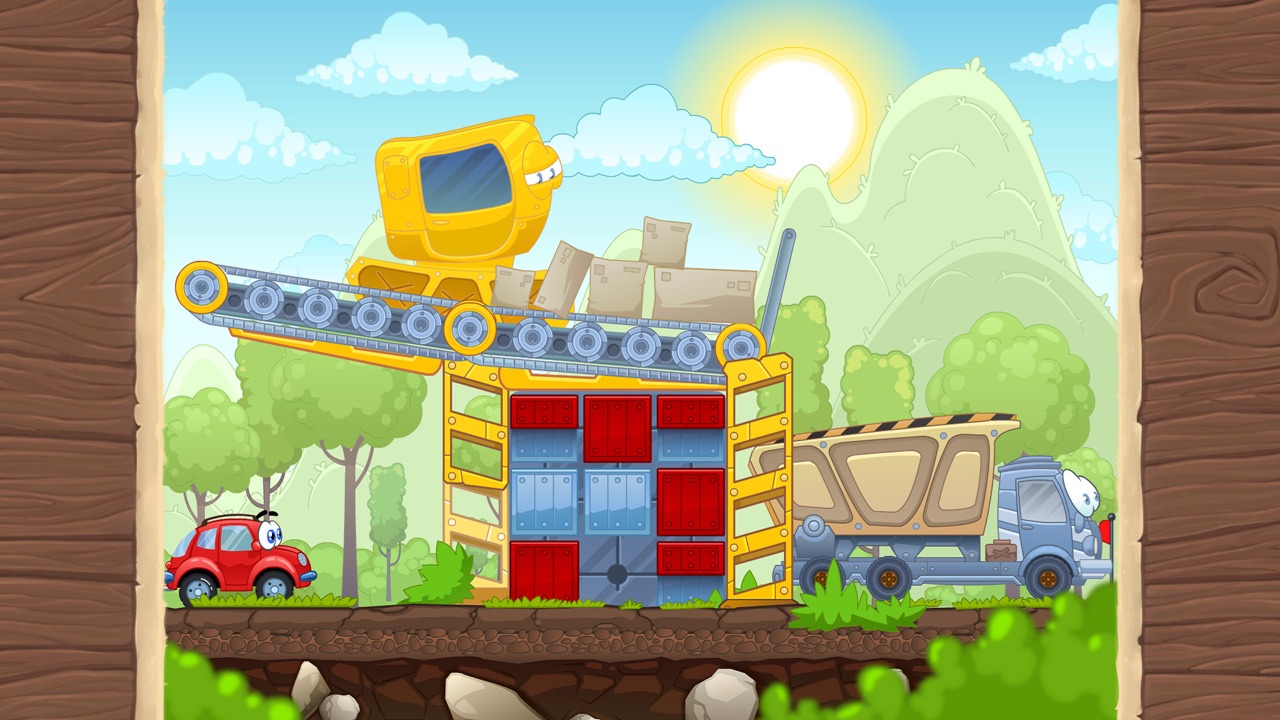 Wheely — a little red car beside a crane puzzle in a bright cartoon world