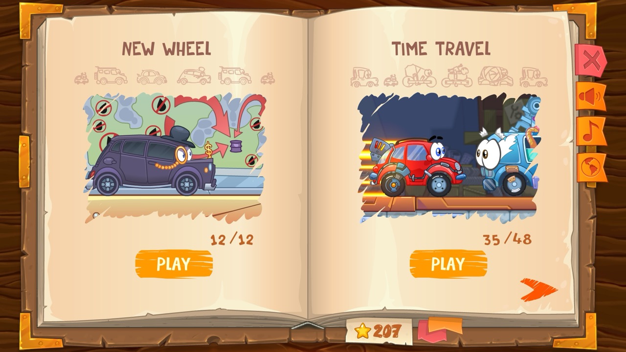 Wheely — the storybook menu showing the different adventures